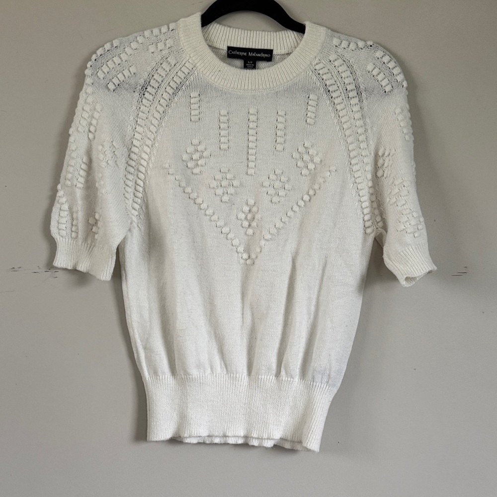 Catherine Malandrino White Textured Sweater Small Short Sleeve Knit Top Embellis